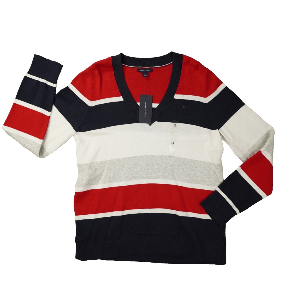 Tommy Hilfiger V Neck Sweater Women's Medium Striped Red White Blue Preppy NWT